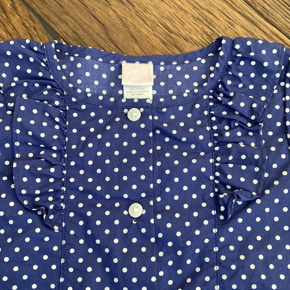 Navy and white Polkadotted blouse. ruffles around neck. button-down. size 2 - Picture 2 of 3